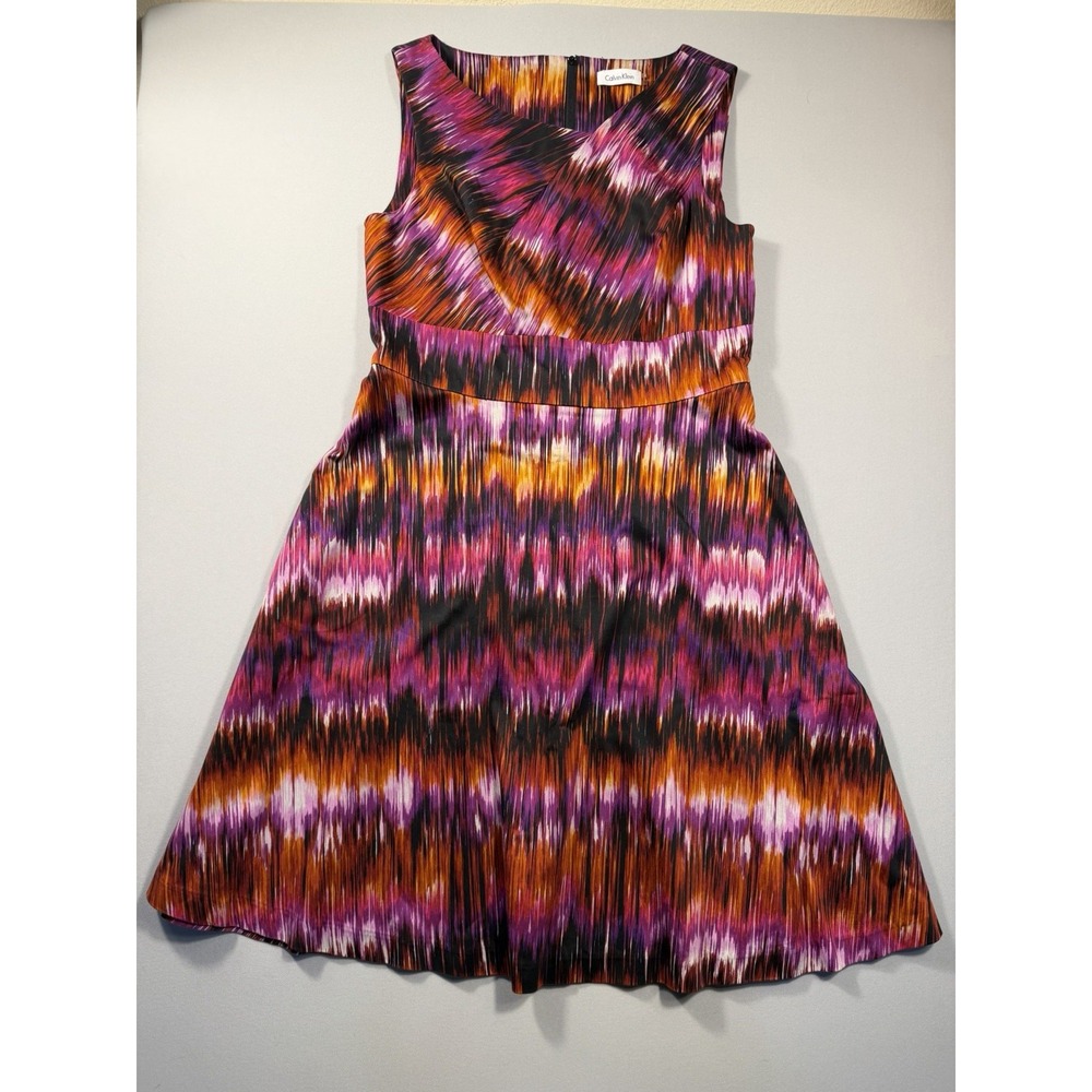 Calvin Klein Fit Flare Dress Sz 10 Asymmetric Neck Pleated Multicolor Pockets